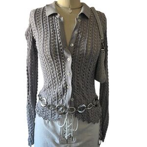 Vintage Y2K Express Grey Long Sleeve Crochet Sweater with Scalloped Trim